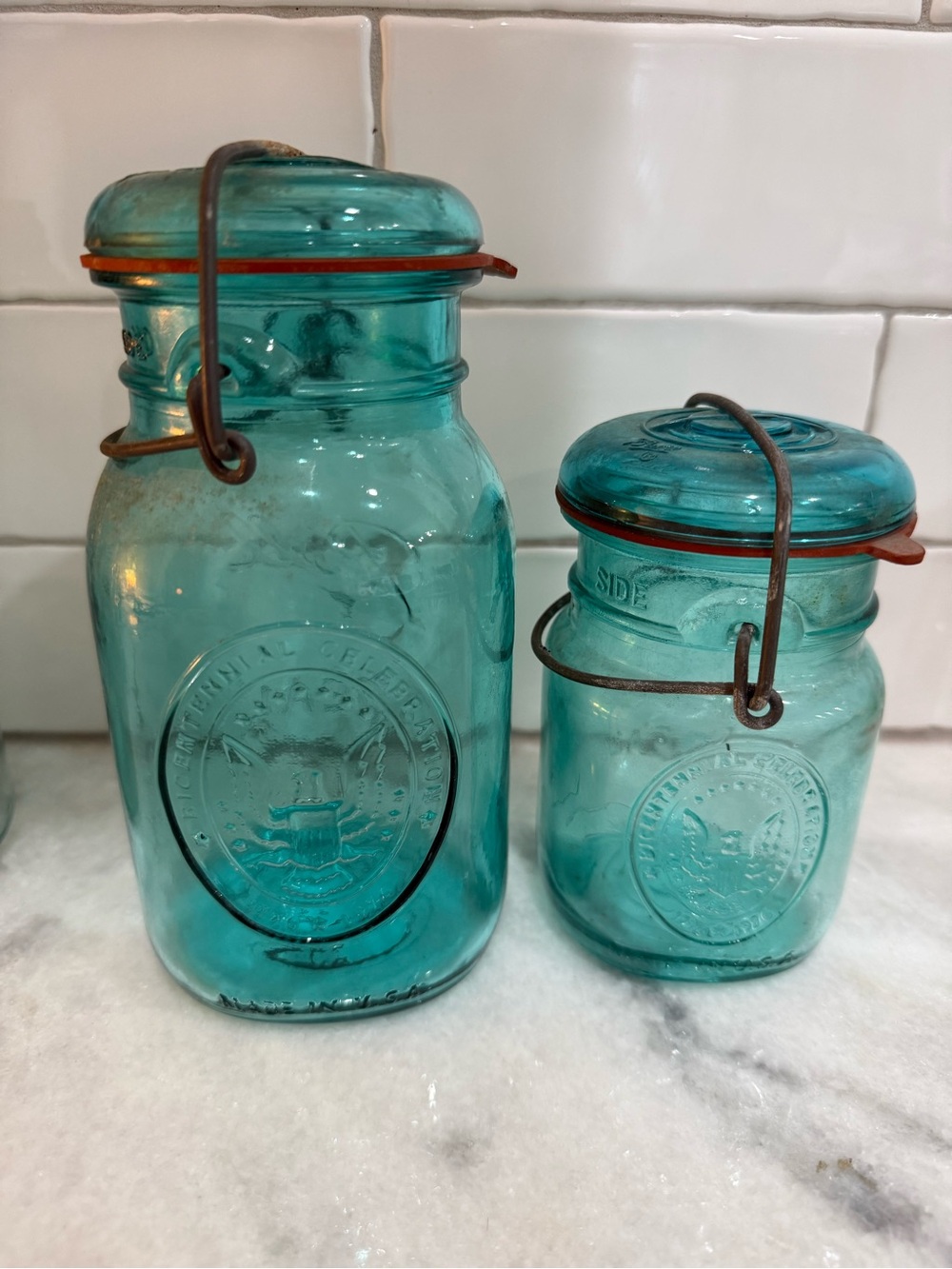 Aqua Glass Storage Jars with Wire Bail Lids - Set of 2
